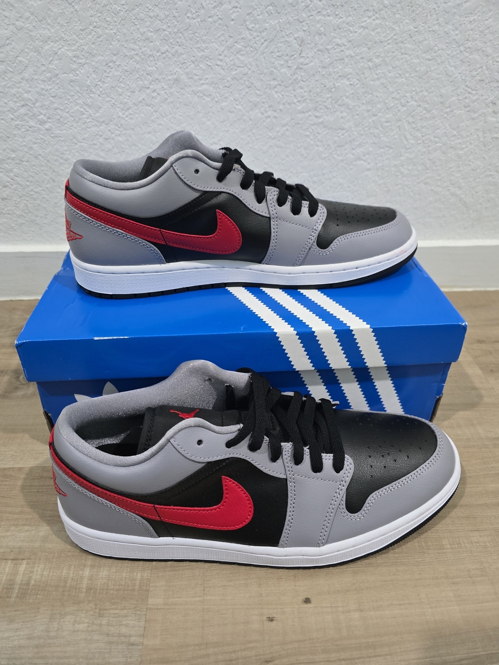 Nike Men's Air Jordan 1s Low-Top  Sneakers in Black, Grey & Red